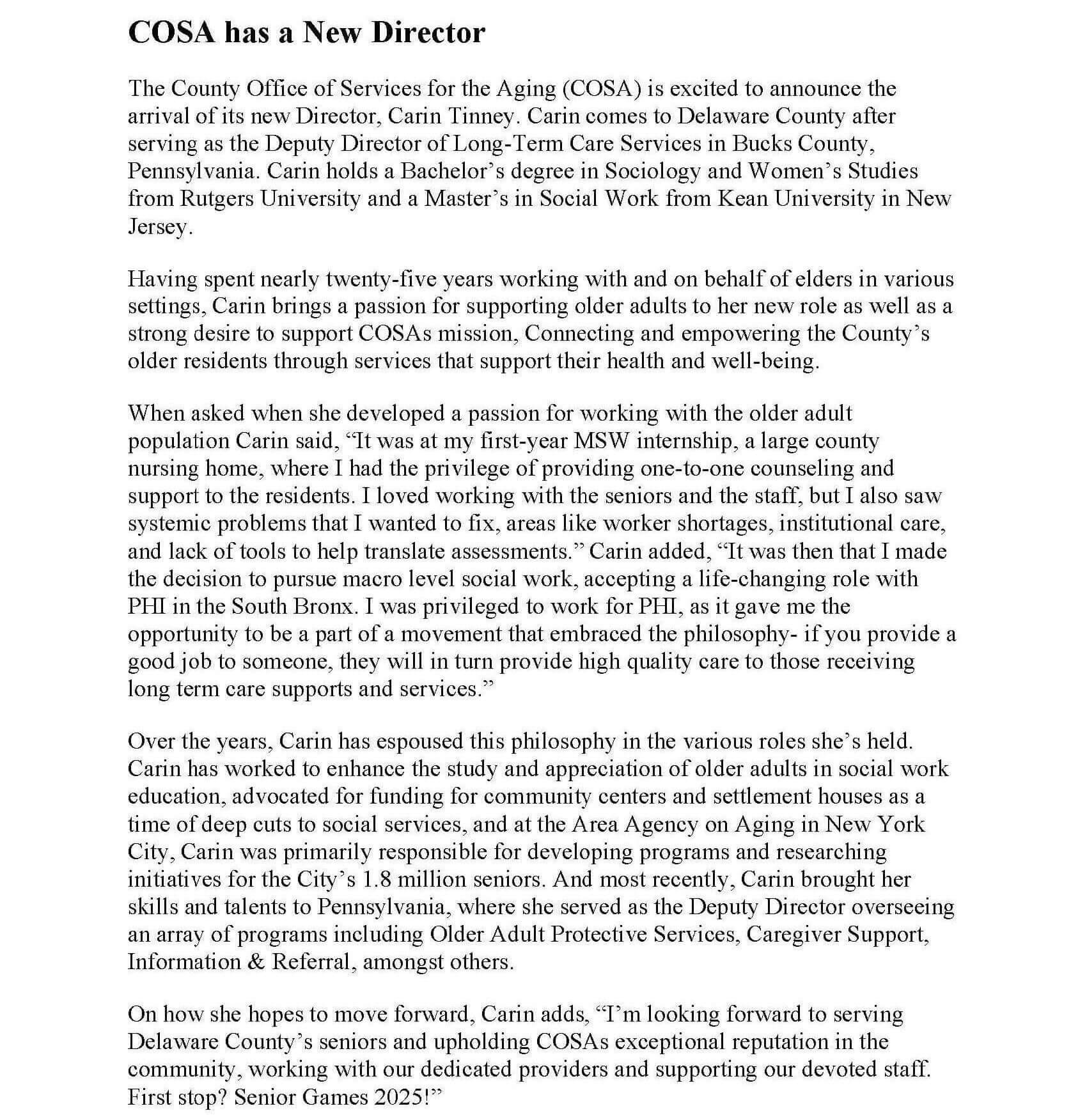 COSA has a  New Director