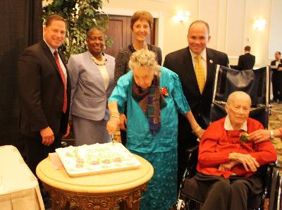 David White, County Council member; Denise V. Stewart, Director of COSA; Marianne Grace, Delaware County Executive Director; John McBlain, County Council member; with Marion Roth, 105, of White Horse Village in Newtown, and Catherine Nackenoff, 105, of Granite Farms Estates in Middletown.