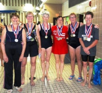 Women Swimming medalists: Gail Gilvary, Jayne Milke, Elizabeth Taylor, Terri Talbot, Laura Schreiber, and Kate Clair
