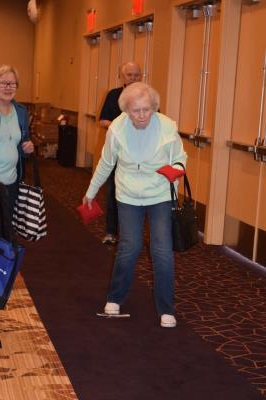 Giving cornhole a try. Cornhole was introduced as an exhibition in the 2019 Delaware County Senior Games held June 10-21.