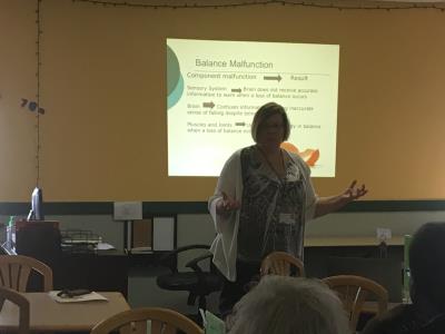 Presenter, Mary Sullivan, speaks to the group about fall prevention and safety in the home. 
