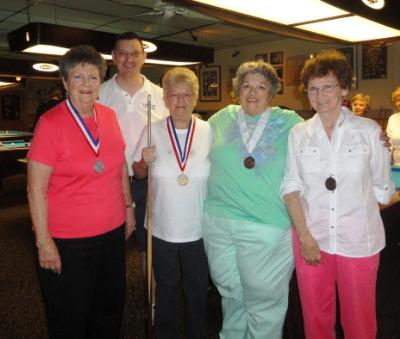 Billiards medalists:Joan Barksdale, Ann Imbrenda, Sandy Baron, and Betty Zelesnick with Stephen Gamble, co-chair of the Delaware County Senior Games.