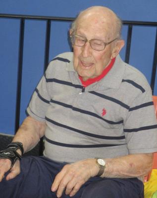 Sye Brandman, age 100, the Senior Games' oldest athlete, competes in Singles Bowling at Sproul Lanes.